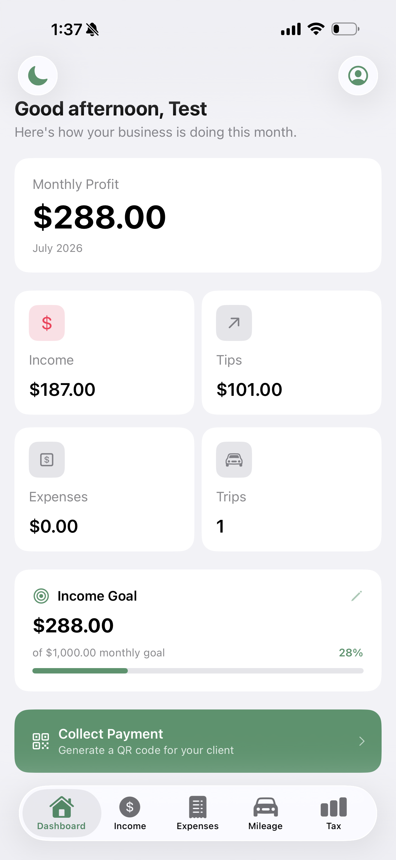 SuitesBooks dashboard showing monthly profit and income