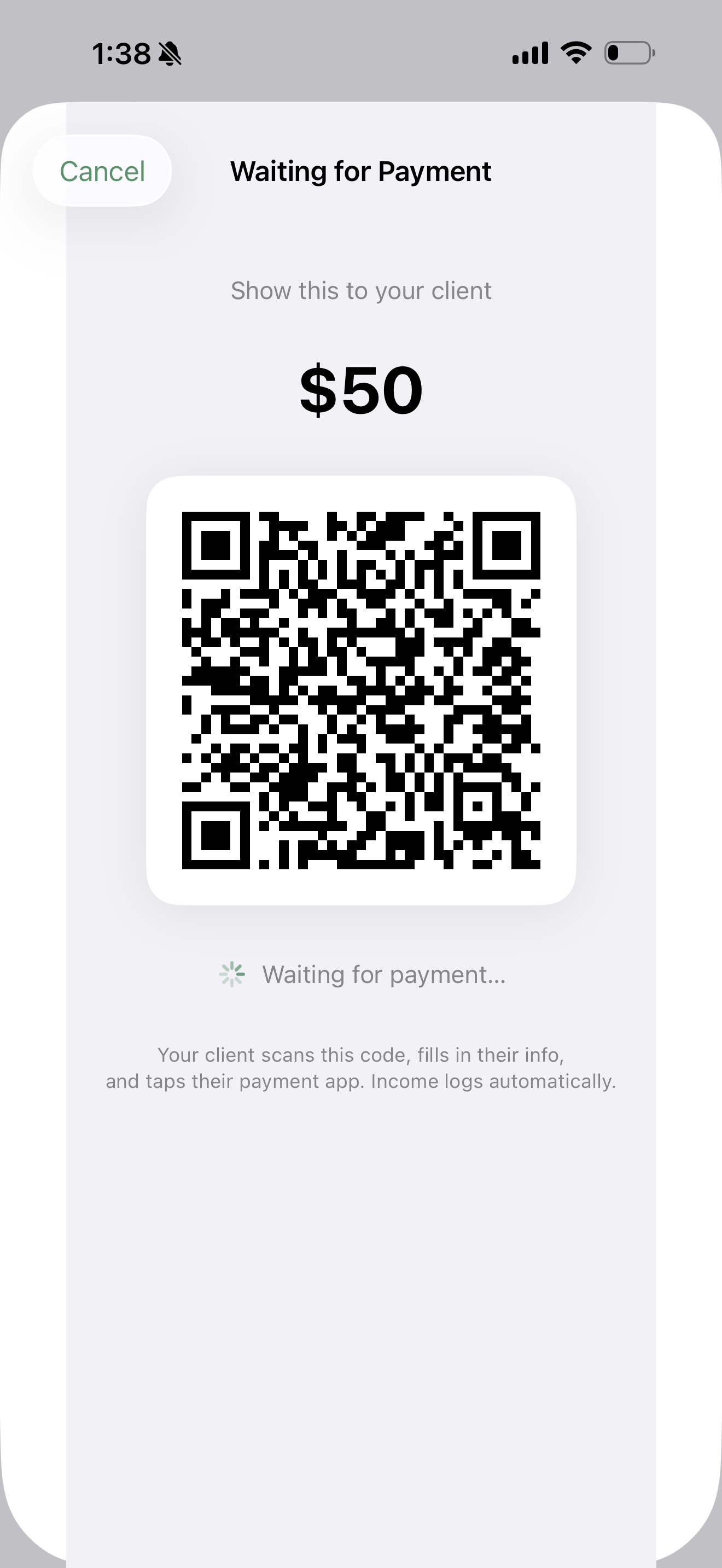 SuitesBooks QR code payment collection screen showing a client waiting to pay
