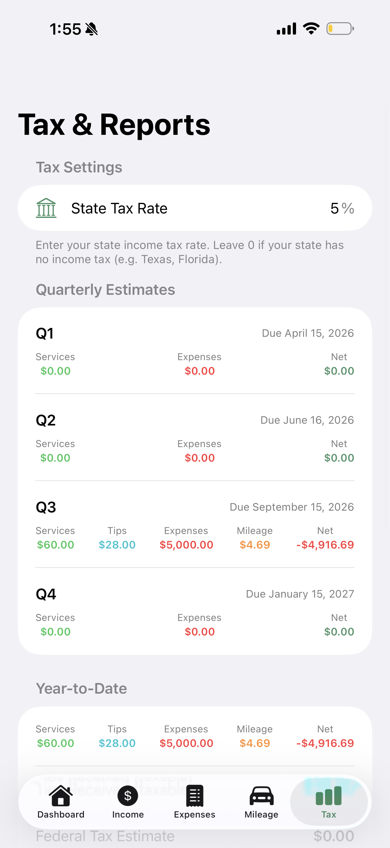 SuitesBooks quarterly tax estimates screen